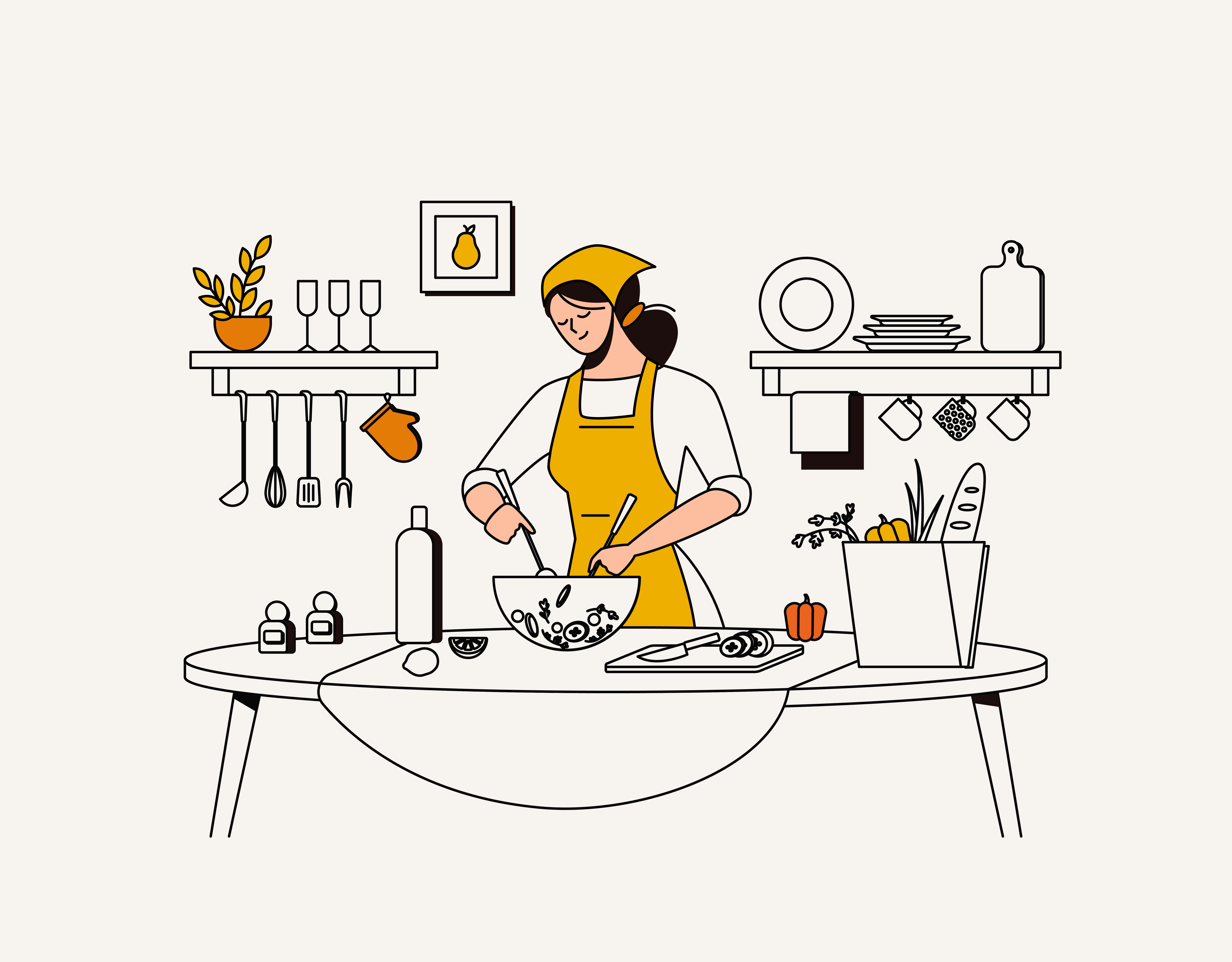 illustration of woman cooking in a kitchen